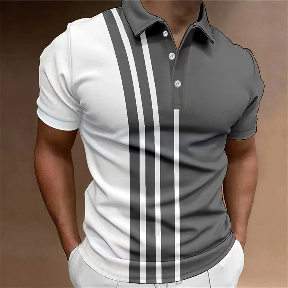 Men's Button Polo Shirt Collar Short-sleeved Pullover Sports Summer Casual Button Striped Collar Trend T-shirt Tops