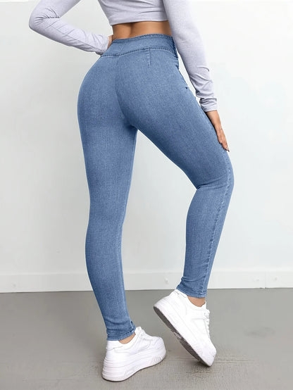 Women's Slim Fit Autumn Leggings with Full Length Denim-Look Floral Print Casual and Comfortable Workout Pants