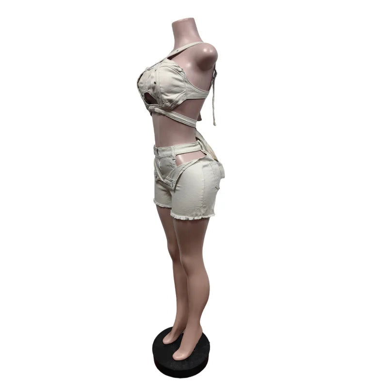 2 Piece Sets Women Denim Shorts Suit Sexy Vest Top Strap Backless Jeans Short Pants Pockets Outfits 2025/2026 Streetwear Ensemble