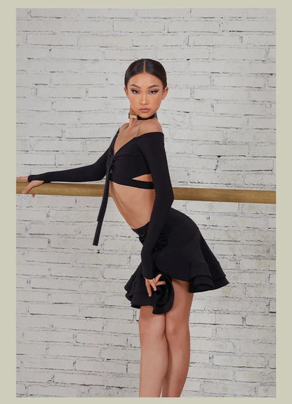 Latin Dance set Clothes Girls Long SLeeves Short Top Skirt Cha cha samba Performance Competition Dress Burgundy Black Dress Kids