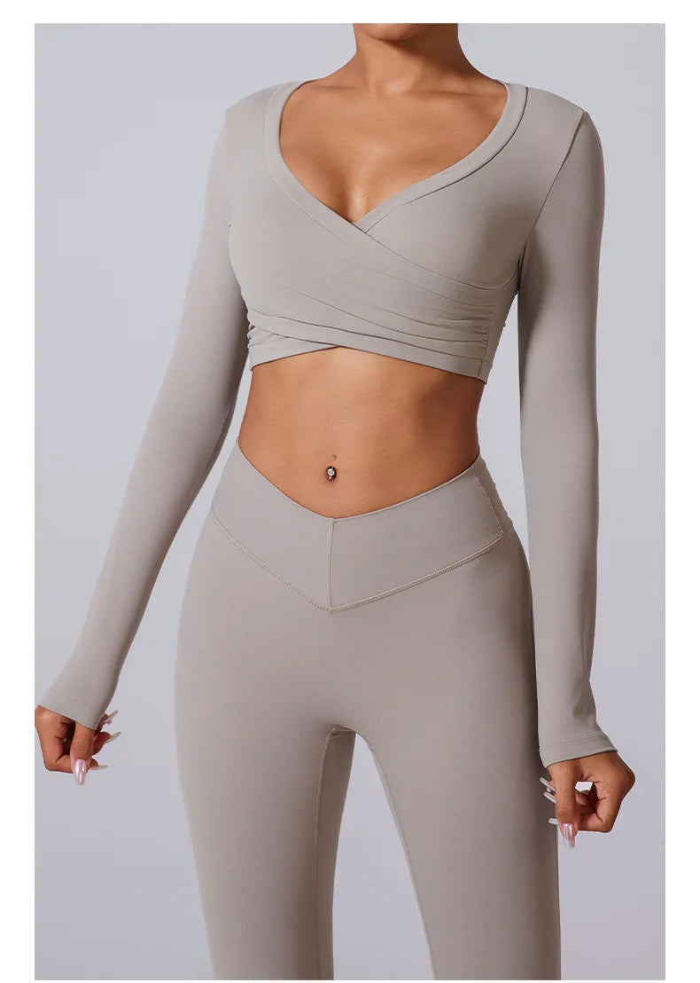 2 Pieces Wrap Front Gym Fitness Suit Women Long Sleeve Legging Workout Yoga Set Sports Bra Short Sports Clothes Tracksuit Female