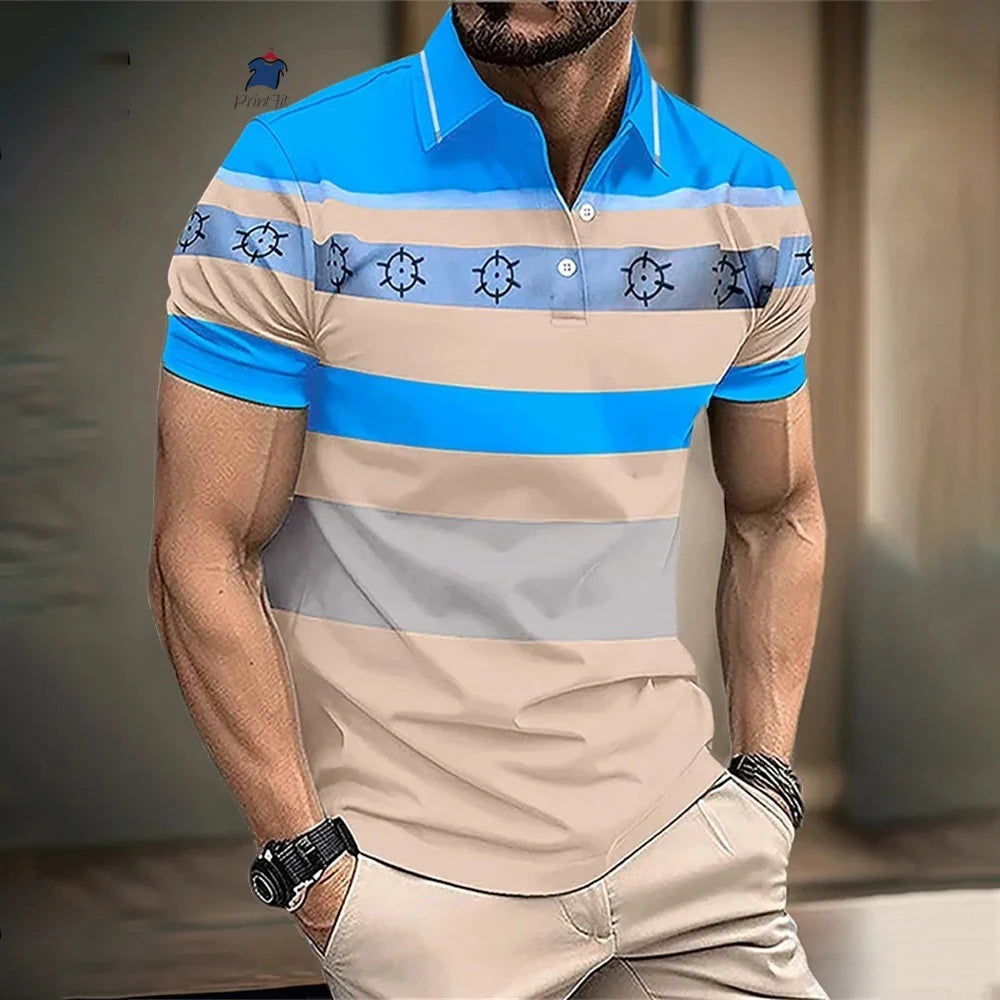 New Summer Striped Patchwork Striped Men's Polo T-shirt Fashion Lapel Button Sports Trend Street Wear Short Sleeve Top Men Shirt