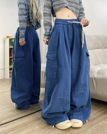 Deep Blue Pure Cotton Work Trousers Loose Wide Leg Floor-Length Women's Style Spring Summer Casual Pants Trendy Fashion