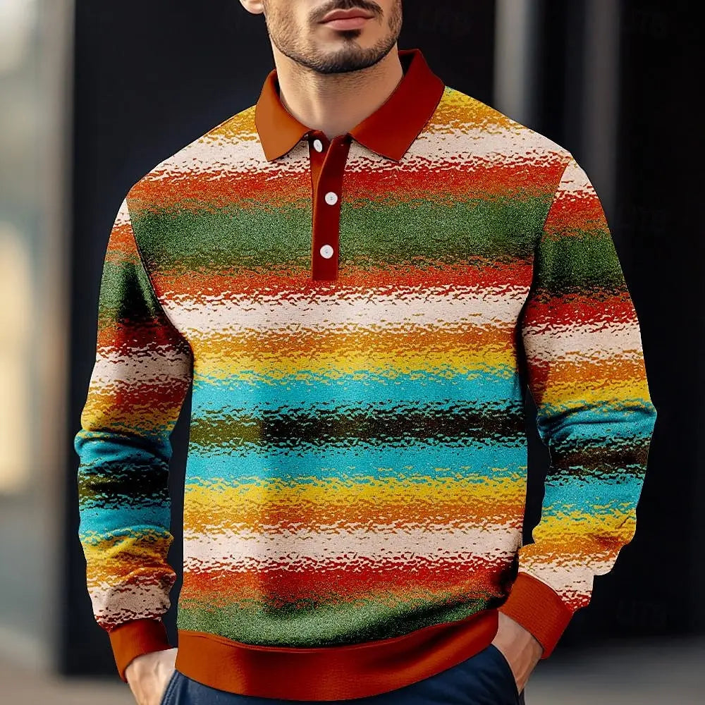 2025 Fashion Men's Stripe Gradient Long Sleeve Polo Shirt Breathable Casual Tops Slim Fit Quick Drying Classic Collar Polo Shirt