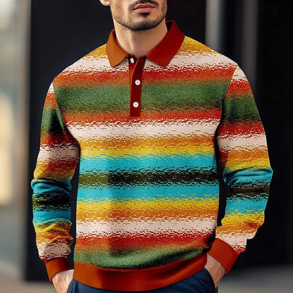 2025 Fashion Men's Stripe Gradient Long Sleeve Polo Shirt Breathable Casual Tops Slim Fit Quick Drying Classic Collar Polo Shirt