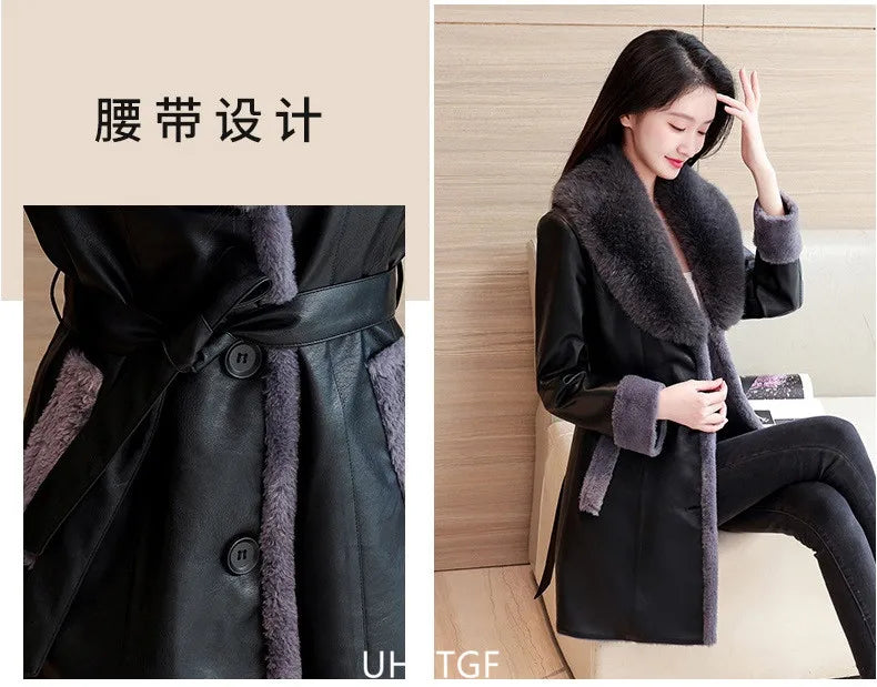 Winter Leather Jacket Women's Fashion Fur Collar Black Casual Warm Coat Female Quality PU Leather Overcoat Ladies