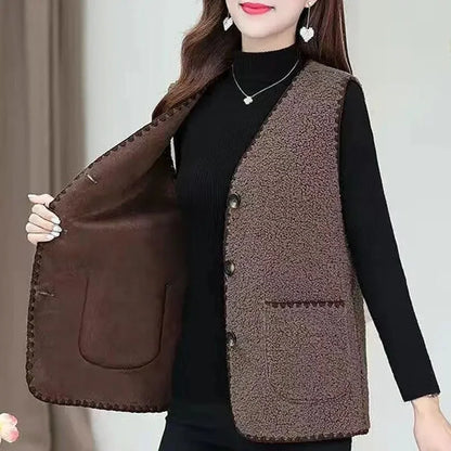 Fashionable Integrated Women's Vest Double Layer Flocking Vest Autumn/Winter Style Jacket Crew Neck Design For All Seasons