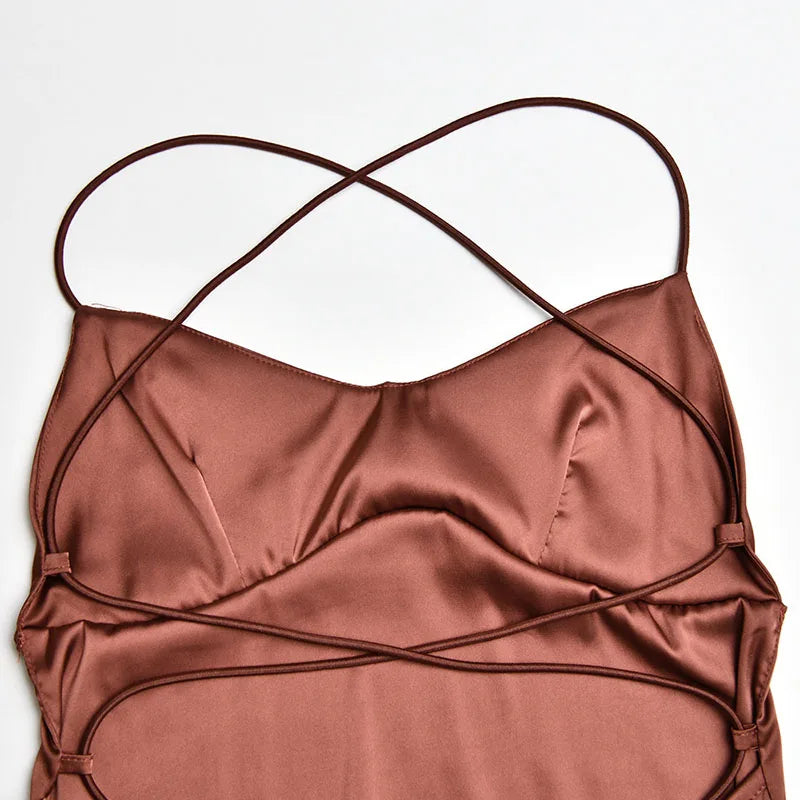 Sexy Spaghetti Strap Satin Dresses Women Elegant Backless Lace Up Mermaid Dress Woman Sleeveless Slim Bodycon Party Long Dress