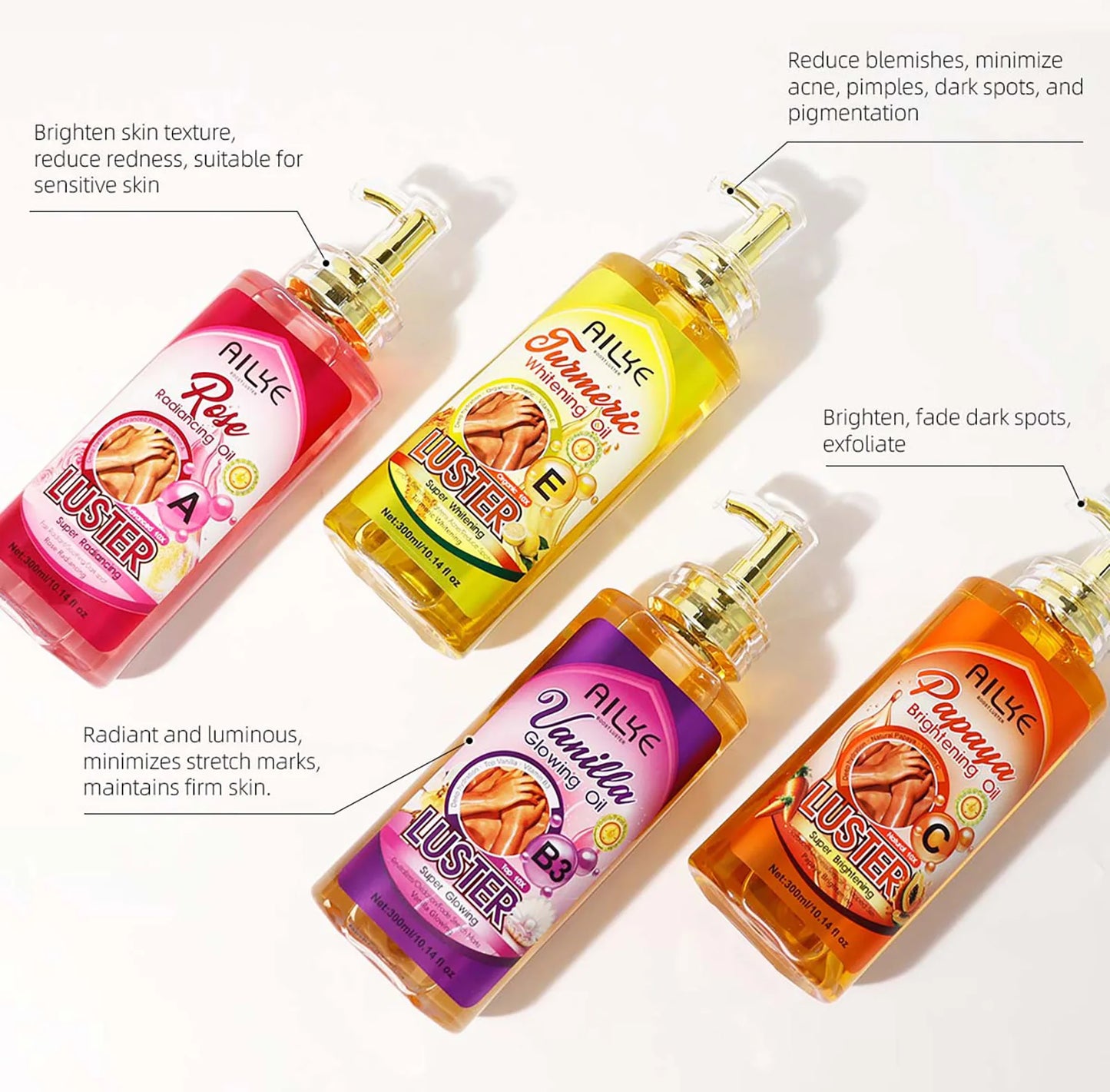 AILKE Whitening Body Oil, Moisturizing, Nourishing, Smooth Skin, Reduce Dark Spots, Suitable For All Skin Types, 300ml