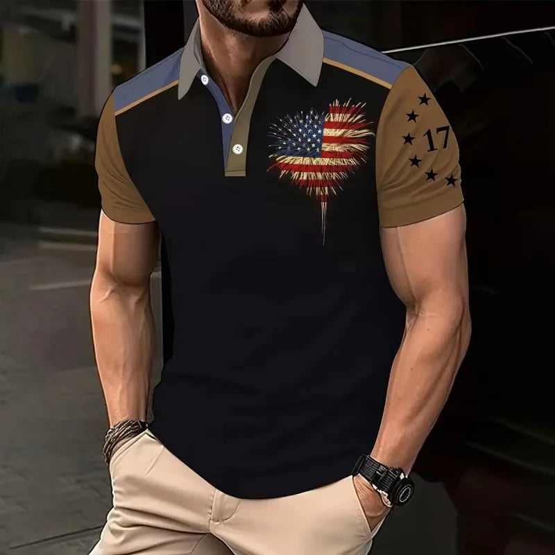 3D Printed Leaf Boat Polo Shirt For Men America Flag Pattern Tees Summer Street Loose Short Sleeve Tops Lapel T-Shirts