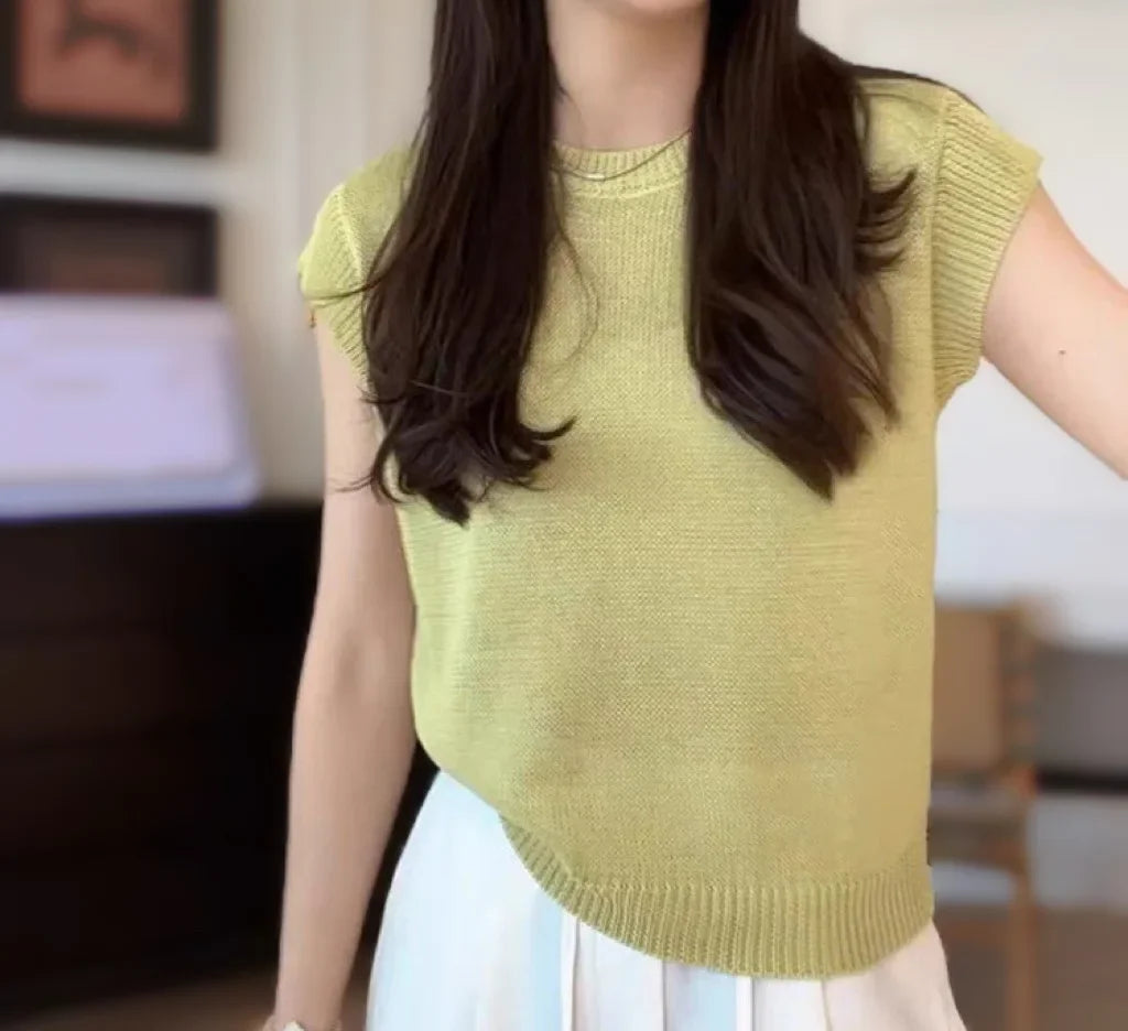 Korean Style Ice Silk Knitted Short Sleeve T-Shirt Women Summer Slim Fit Short Fashionable Top Crew Neck Solid Color