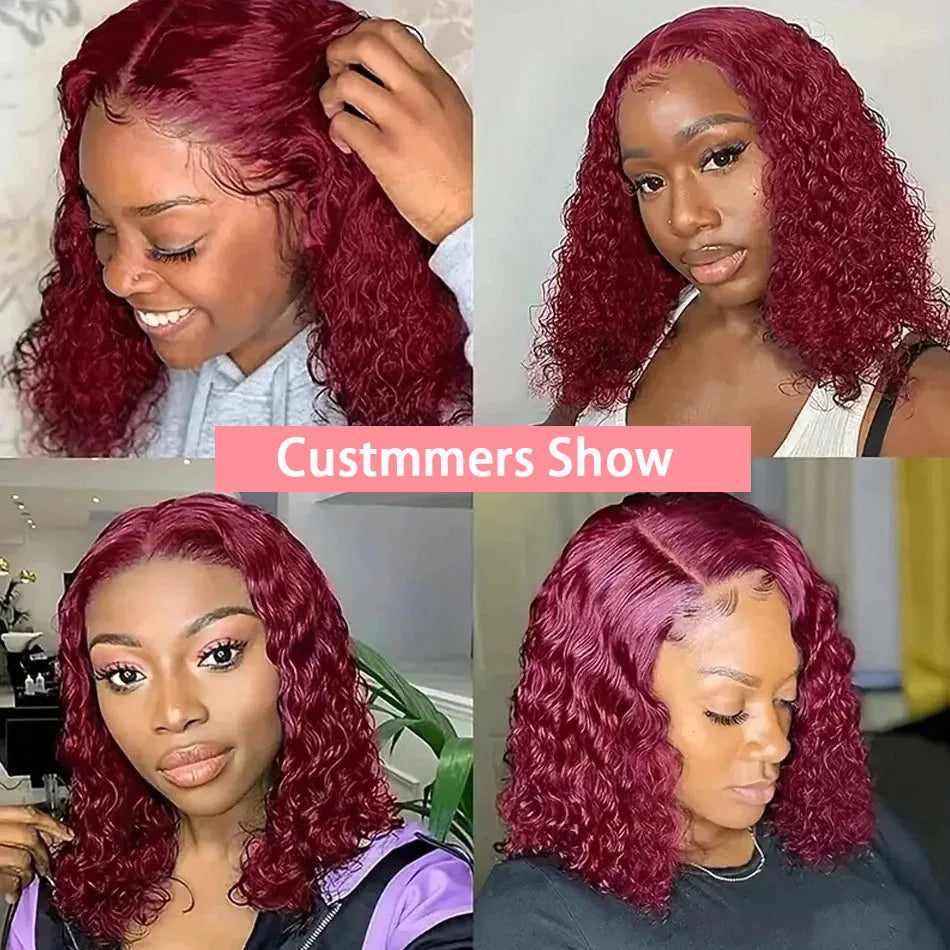 99J Colored Curly Deep Water Wave 13x4 Lace Front Wigs Preplucked Burgundy Red Short Cut Bob Frontal Wig 100% Human Hair 14 Inch