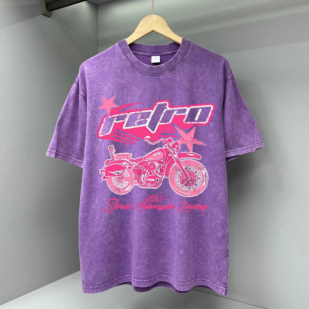 Y2K Pink Retro Motorcycle Street Print Men Tshirts Breathable T Shirts Loose Cotton Tee Clothing Casual Tops Brand Oversize Tees