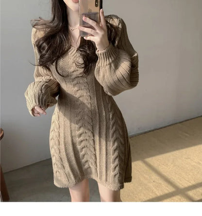 Korean Chic Autumn Gentle V-neck Linen Pattern Design Slimming Long Sleeve A- line Knitted Dress High Collar Ankle-length Dress