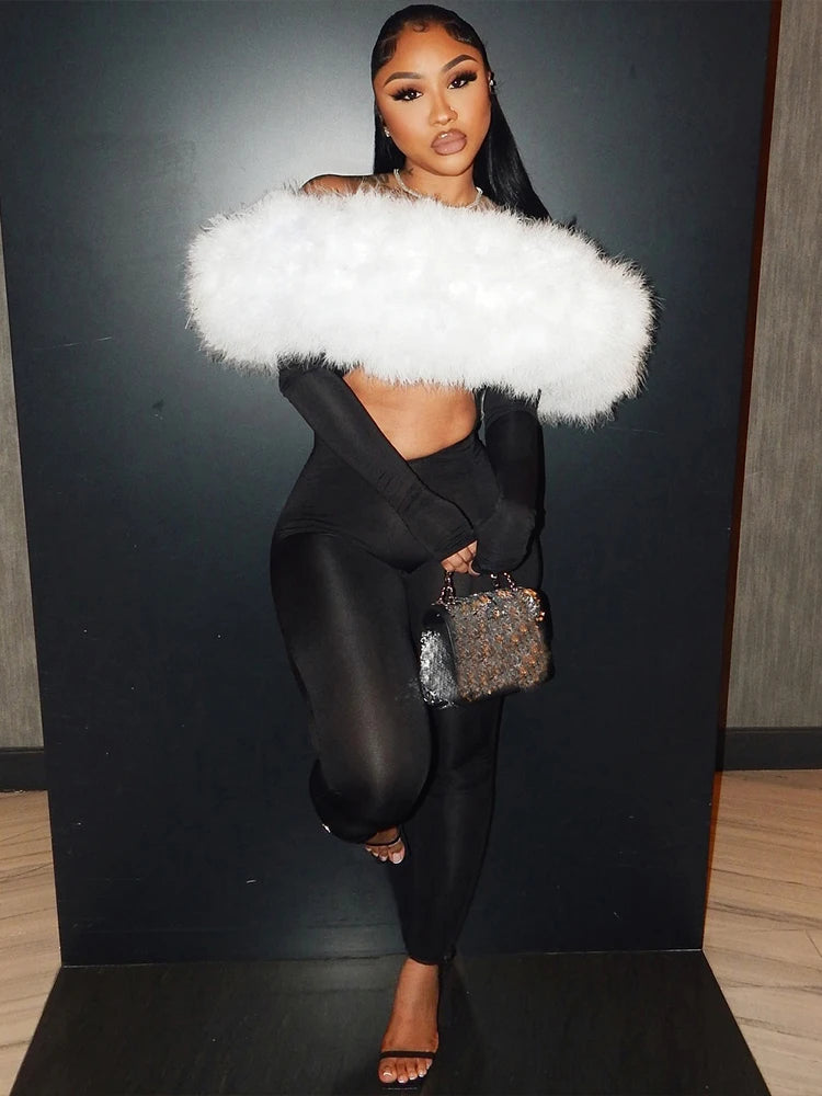 Kliou Furry Patchwork Slash Neck Jumpsuits Woman Autumn Trend Sexy Hollow Navel Exposed Skinny Peach Hip Hottie Fashion Clubwear