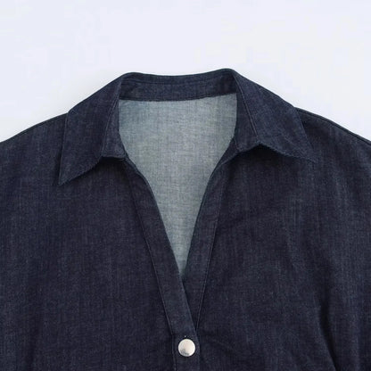 Denim Dress Women's Spring Summer Casual Long Dresses For Women 2025 New Fashion Ruched Short Sleeve Streetwear Midi Dress