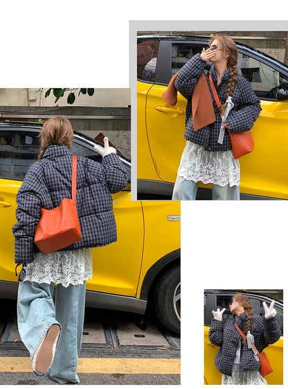 MEXZT Short Plaid Parkas Women Streetwear Stand Collar Puffer Jacket Winter Korean Down Coats Fashion Cotton Padded Outerwears