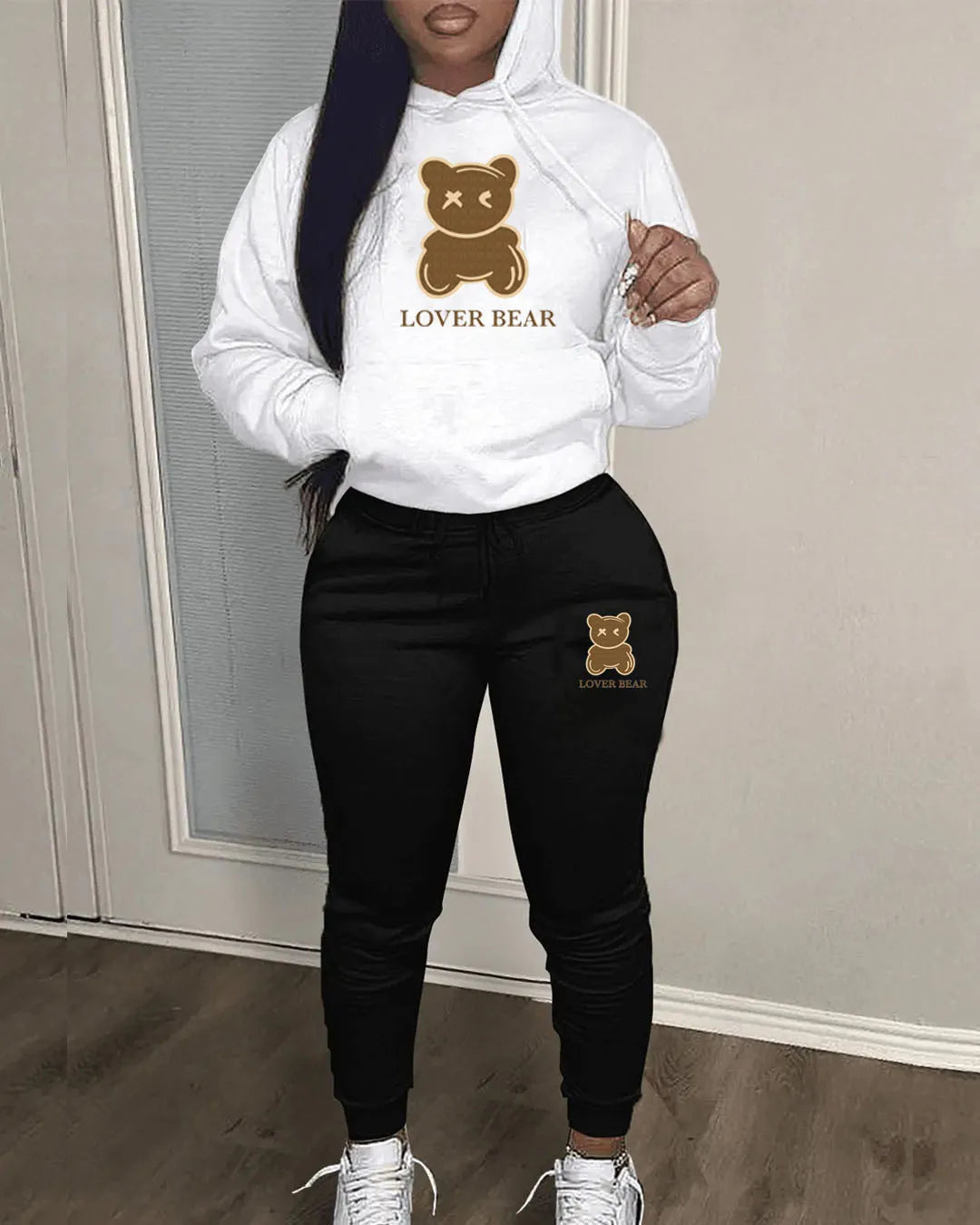 2 Piece Set Women Outfit Letter Bear Print Hooded Neck Hoodies Sweatshirt Pants Tracksuit 2024 Plus Size Streetwear Casual Suit