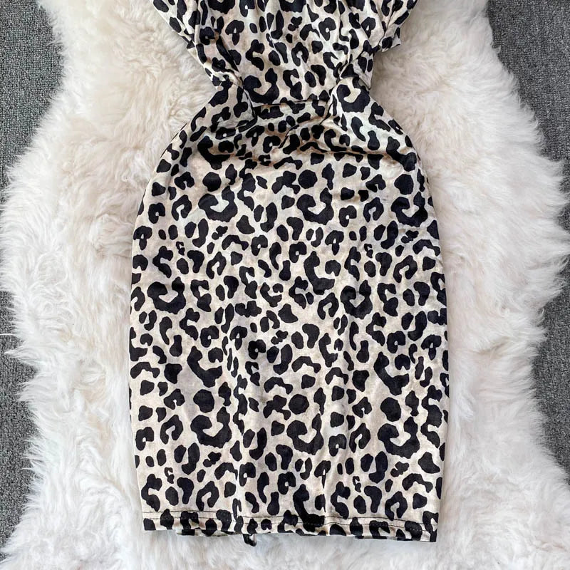 Leopard Print V-neck Sexy Bodycon Mini Dress Women Fashion Spring Autumn Sleeveless Cut Out Waist Backless Party Velvet Dresses
