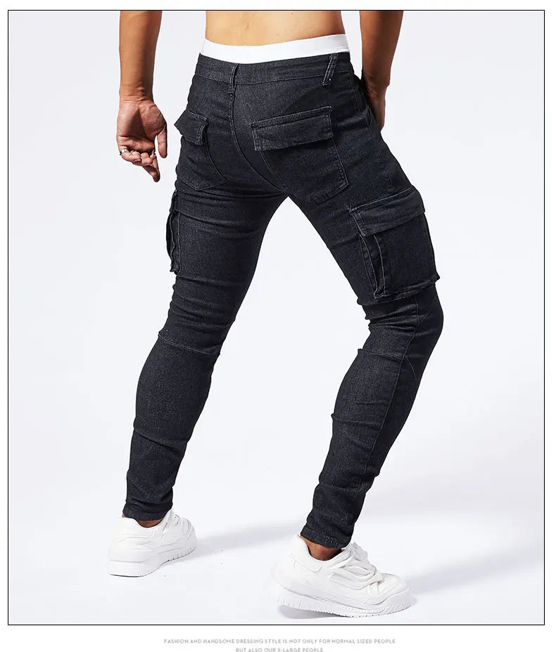 Street Elastic Jeans Men Denim Cargo Pants Wash Solid Color Multi Pockets Casual Mid Waist Trousers Slim Fit Daily Wear Joggers