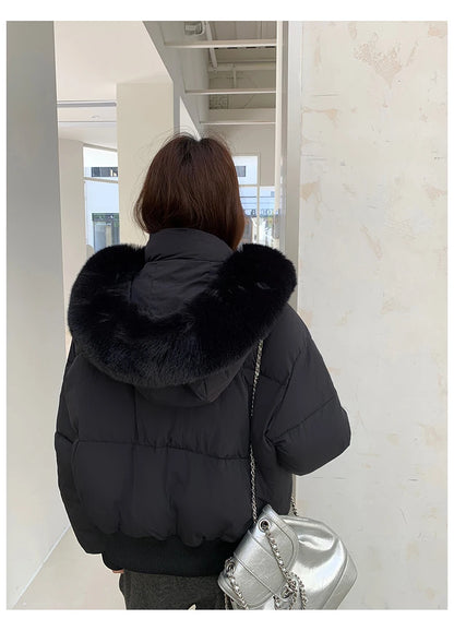 Casual Warm Fur Hooded Cropped Parkas Chic Streetwear Korean Style Down Cotton Coat Thicken Short Women's Winter 2025 Jacket