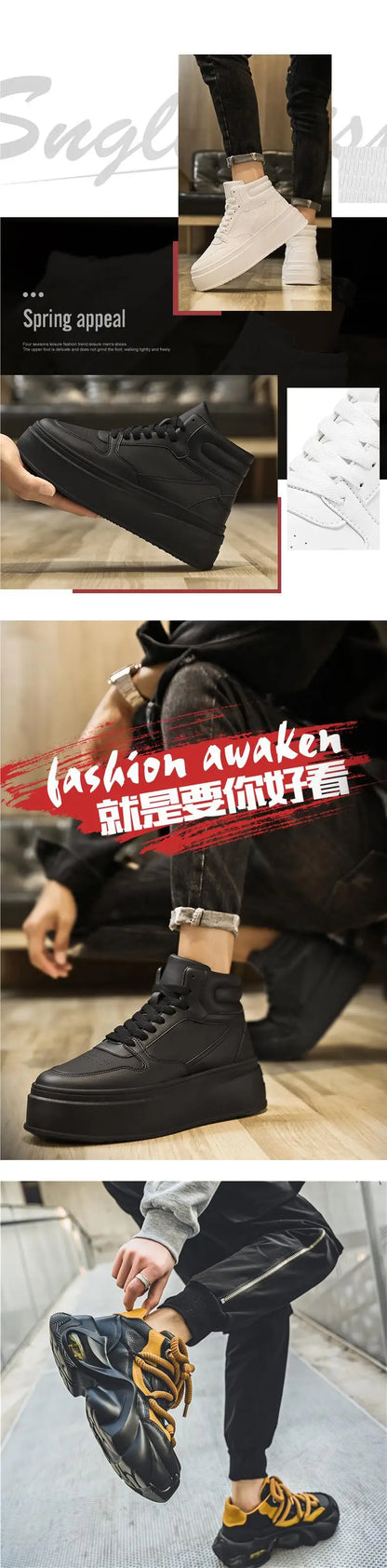 New Autumn/Winter Men's Casual Sneakers 12cm Increased Height 10cm Thick Sole White Shoes High Top Rubber Base Male Footwear