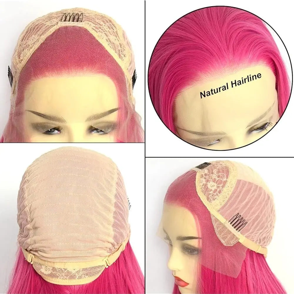 Rose Pink Straight Synthetic Lace Wig Glueless Wigs For Women Natural Hairline Daily Wear Long Pink  Wig Cosplay Part Front Hair