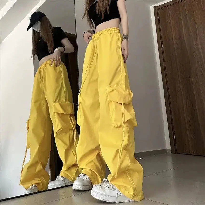 Loose Wide Leg Casual Pants Women's Workwear Trousers with Big Pockets Vintage Long Pants High Street Trend New 2025