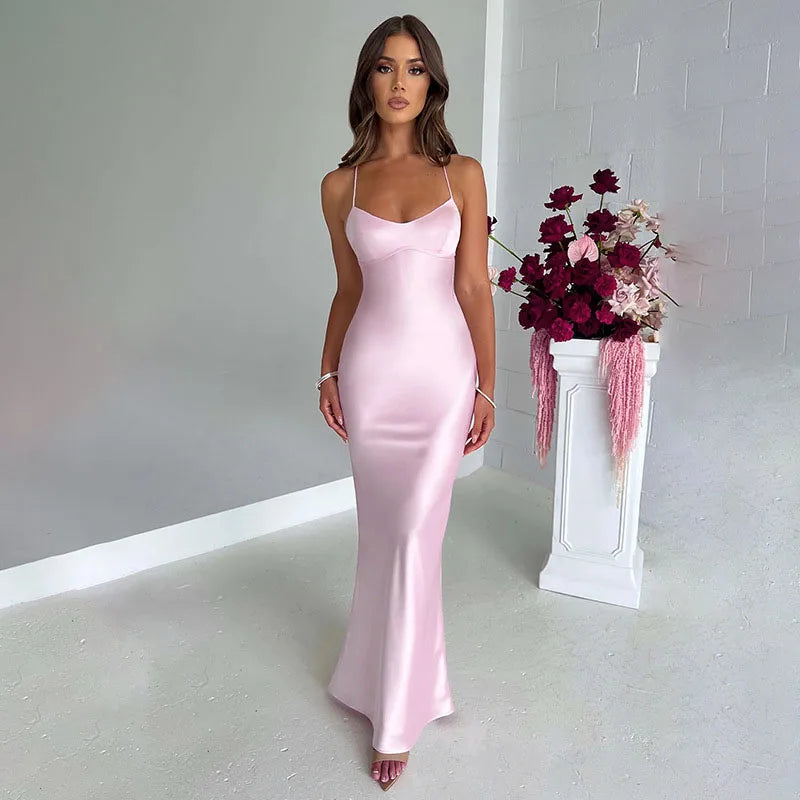 Sexy Spaghetti Strap Satin Dresses Women Elegant Backless Lace Up Mermaid Dress Woman Sleeveless Slim Bodycon Party Long Dress