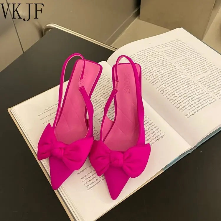 Women Shoes 2024 Spring New Butterfly Knot Women Slingbacks Heels Shoes Sexy Dress Thin Heel Pointed Toe Ladies High Heels Women