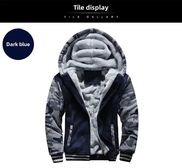 Men's Warmth Hooded Fleece Lined Thickened Baseball Jacket Sweatshirt Korean Style Sporty Top Winter Autumn Seasonal Wear