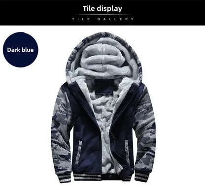 Men's Warmth Hooded Fleece Lined Thickened Baseball Jacket Sweatshirt Korean Style Sporty Top Winter Autumn Seasonal Wear