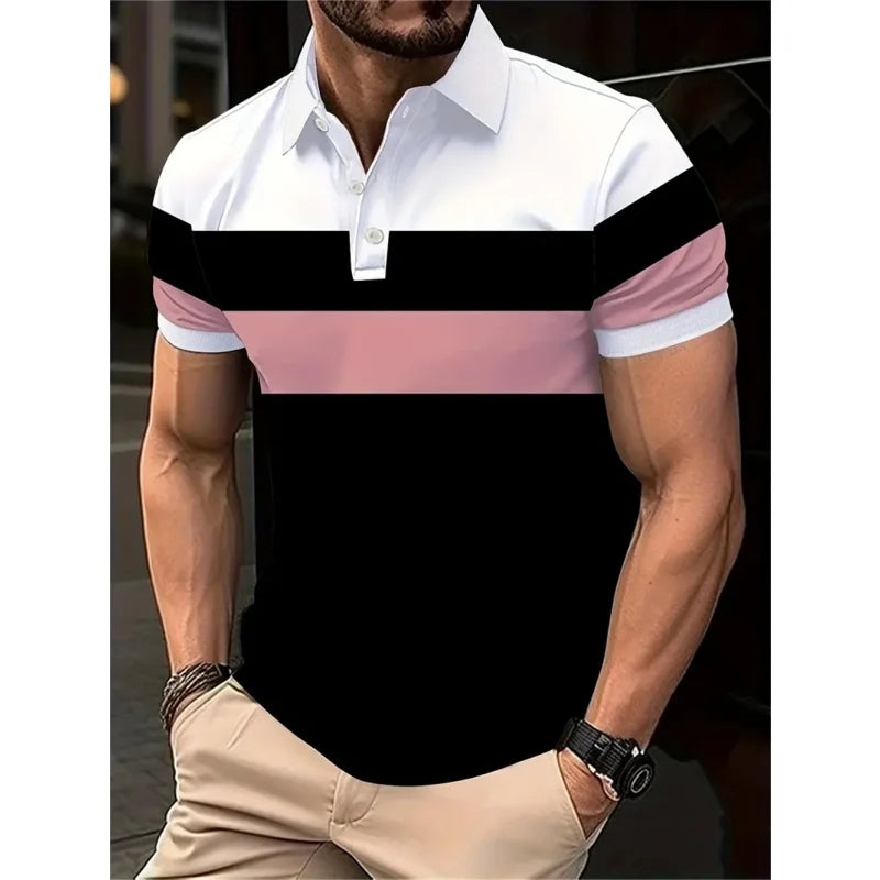 3D Print Striped Color Block Polo Shirt For Men Colorful Pattern T-Shirt Summer Casual Lapel Tops Loose Short Sleeve Street Tees