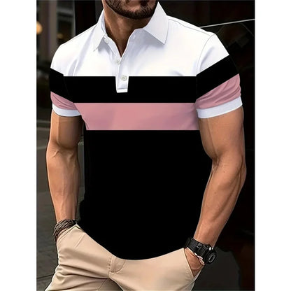 3D Print Striped Color Block Polo Shirt For Men Colorful Pattern T-Shirt Summer Casual Lapel Tops Loose Short Sleeve Street Tees
