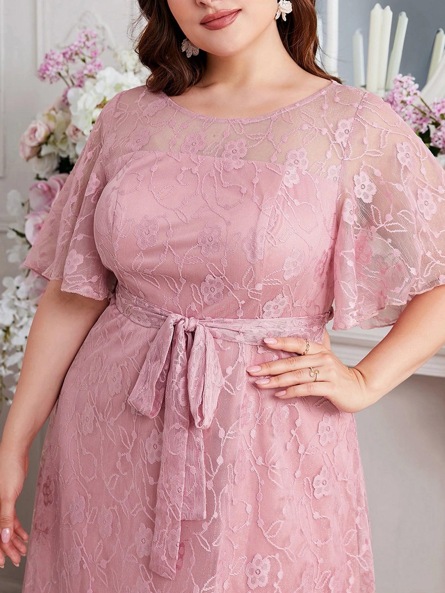 Women's Plus Size Dress Round Neck Short Sleeves Oversized  A-Line Tulle Pink High Waist Floral Lace Formal Evening Dresses