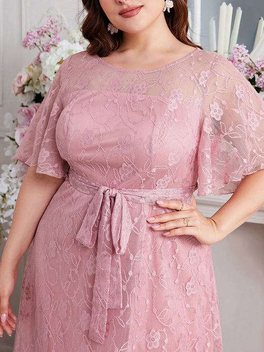 Women's Plus Size Dress Round Neck Short Sleeves Oversized  A-Line Tulle Pink High Waist Floral Lace Formal Evening Dresses