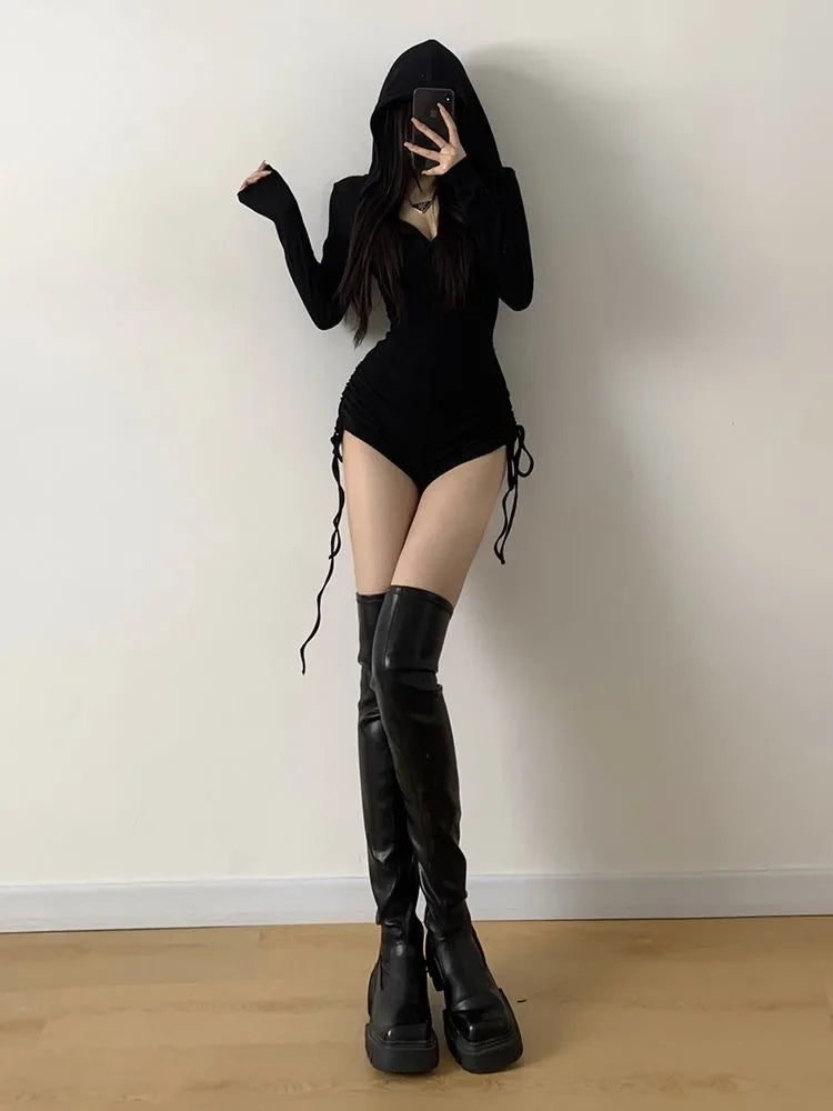 American Style Casual Hooded Jumpsuit Women's Slimming Fitness Clothes Tight High Waist Long Sleeve Yoga One-Piece Suit