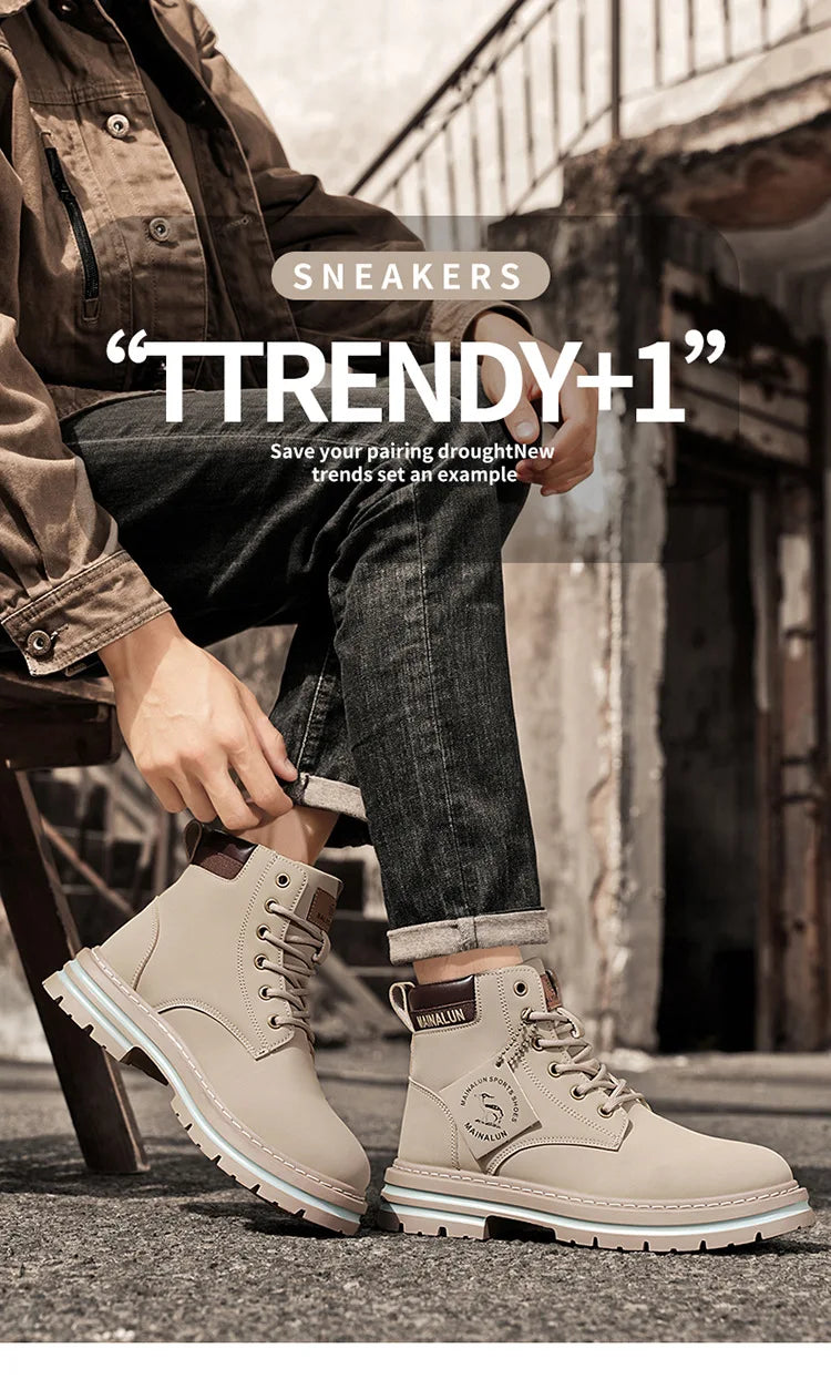 Classic Men High Top Boots High Quality Yellow Leather Boots Fashion Outdoor Sneakers Men Lace Up Non-Slip Ankle Boots for Men