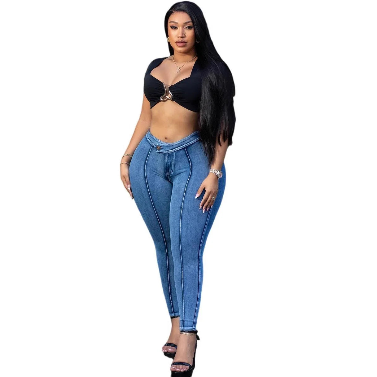 2025 & 2026 New High Waist Slim Fit Washed Blue Denim Jeans Women Stretchy Slimming Street Style Fashion Casual Long Pants