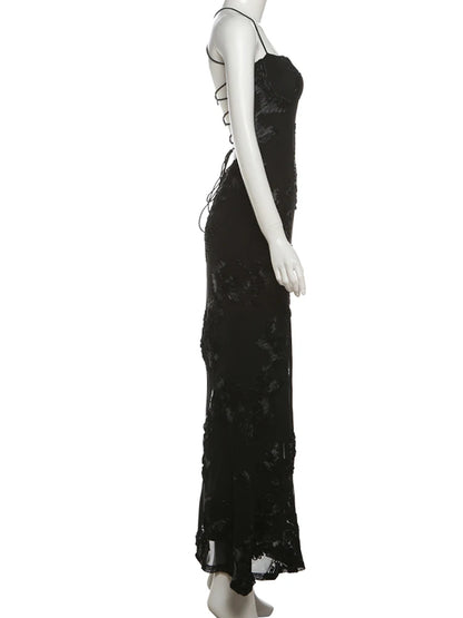 Nibber Elegant Flower Embroidery Maxi Dress Women Low-Neck Cross Bandage Backless Summer Street Trend Skinny Holiday Vestidos