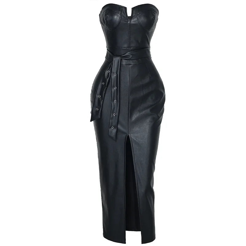 Sexy Strapless Bodycon PU Leather Dress Women Split Rivet Drop Draped Dress Club Party Wear Female Vestidos