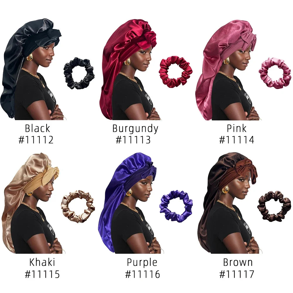 Women Bonnet Satin Sleeping Hat Long Tail Braid Hair Night Sleep Cap Head Cover Bonnets Shower Caps for Sauna Bathing Bonnet