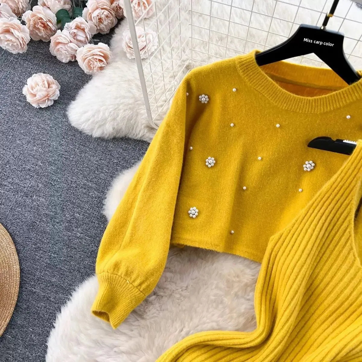 Autumn Winter Slimming Knitted Sweater Dress Set Women's Mid-Length Base Layer Knee-Over Bottoming Dresses Fashionable