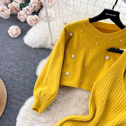 Autumn Winter Slimming Knitted Sweater Dress Set Women's Mid-Length Base Layer Knee-Over Bottoming Dresses Fashionable