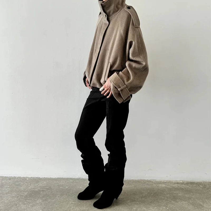 Casual Solid Loose Jackets Women Fashion Full Sleeve Single Breasted Stand Collar Short Coats Female 2025 Autumn Lady Outwears