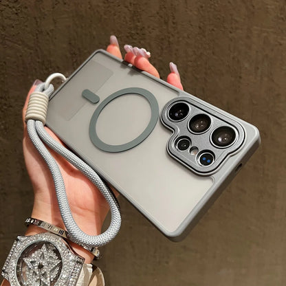 Wrist Strap Cord Magnetic Matte Translucent Armor Case For Samsung S25 Ultra S24 FE S23 Plus For Magsafe Wireless Charge Cover