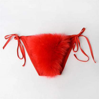 Summer Women Fake Fox Fur Sexy Halter Solid Color Bikini Set Swimsuits Triangle Sexy Bikini Set Faux Fur Swimsuit Plush Swimwear