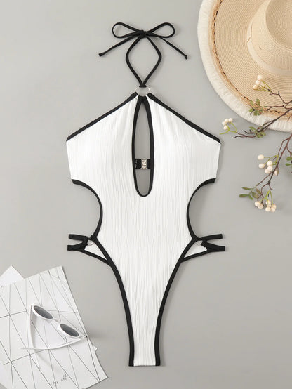 SINGREINY Hollow Out Halter Bikini Swimsuits Irregular Sheath Short Bodysuits Fashion Women Backless Beach Style Sexy Playsuits