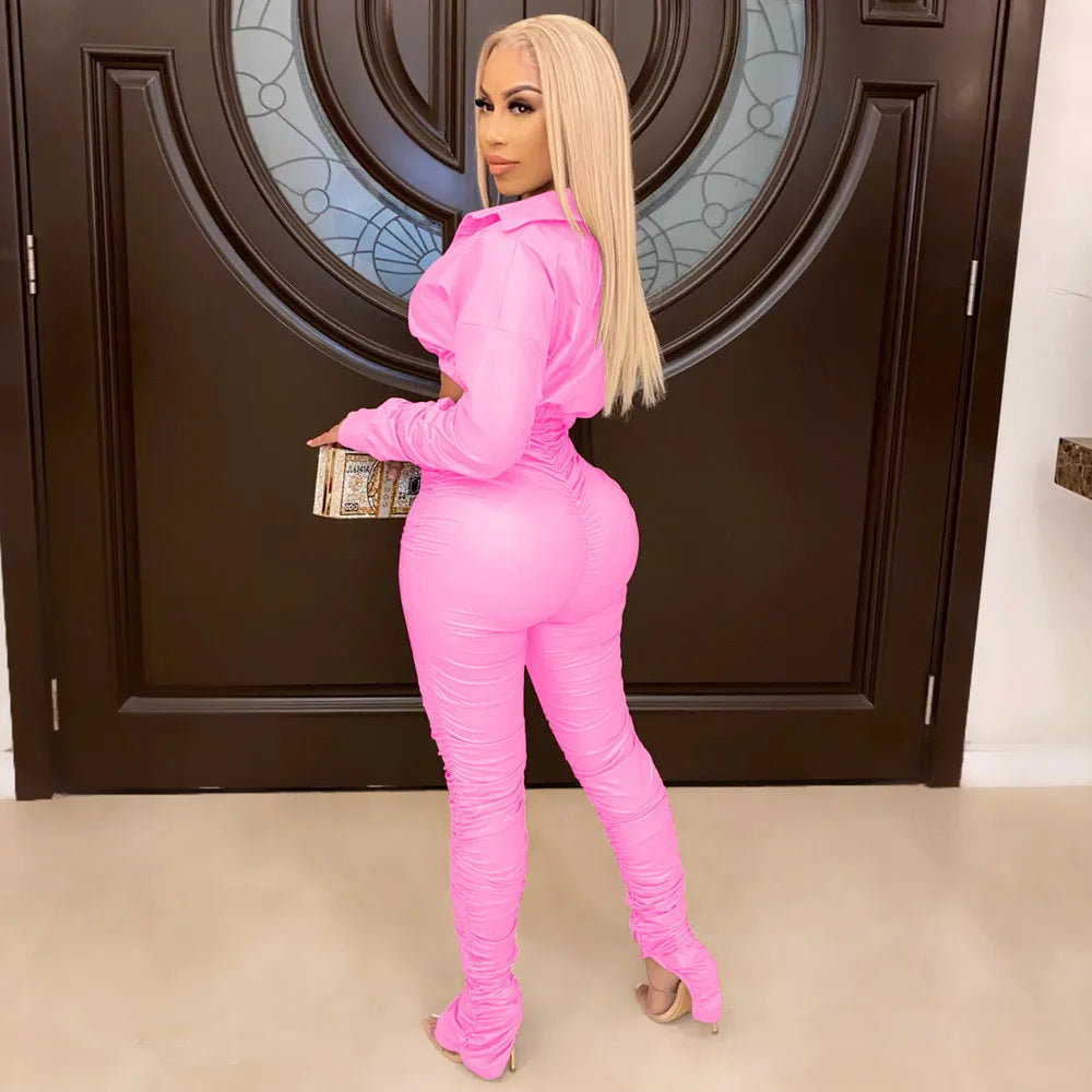 Sexy PU Faux Leather Two Piece Set for Women Birthday Night Club Outfits Crop Top and Slit Stacked Pants Matching Sets Undefined