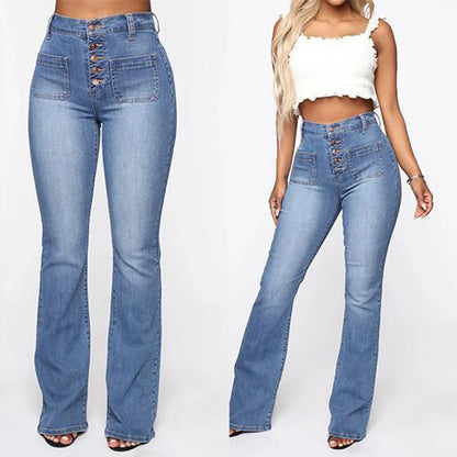 Europe and The United States Slim High Waist Breasted Jeans, Women's Spring and Autumn Fashion Wash Slightly Flared Pants Jeans